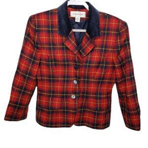 VINTAGE 90s dark academia tartan plaid‎ velvet collar blazer M